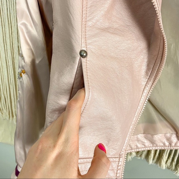 Jessica Simpson Faux Leather Satin Embroidered Sleeve Light Pink Floral Jacket L - Picture 8 of 11